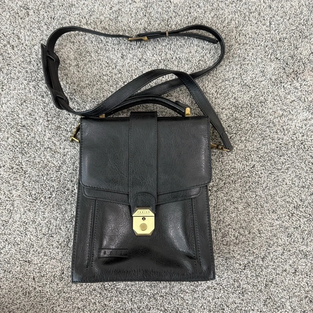 Vintage Texier Black Leather Top Handle Crossbody Bag Flap With Key Unisex